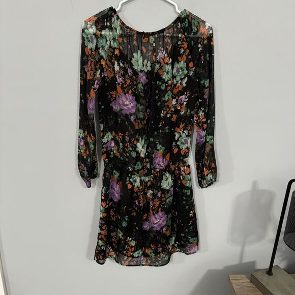 Jessica Simpson Black Floral Drop Waist Mini Dress Size Small Long Sleeves - Picture 9 of 9